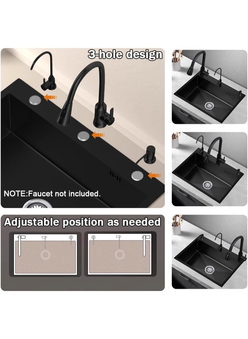 واي دي حوض مطبخ ستانلس ستيل تركيب علوي 60 × 45 × 20 سم، حوض مفرد بفتحات 3، مع مصفاة تصريف وموزع صابون، لون أسود مطفي - Image 3